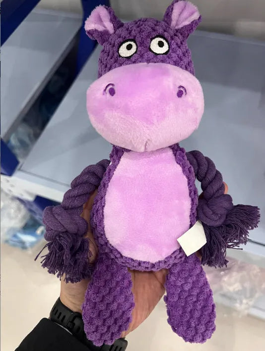 Hippo-coloured plush rope dog toy for interactive tug-of-war and training.
