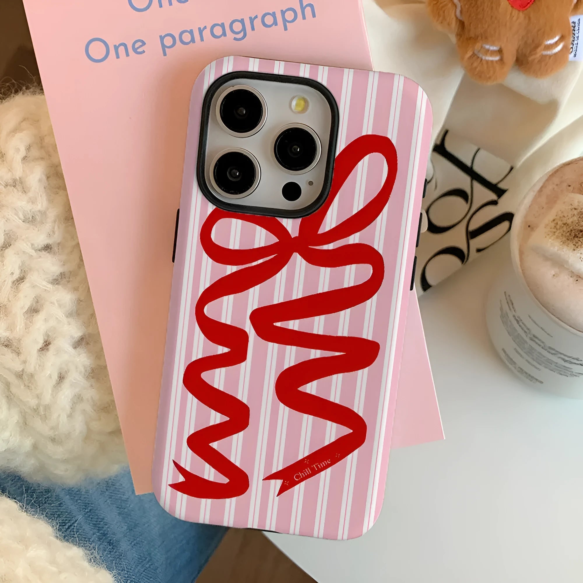 Soft silicone phone case with large hole frosted bow in pink, designed for iPhone 11 to 16 series