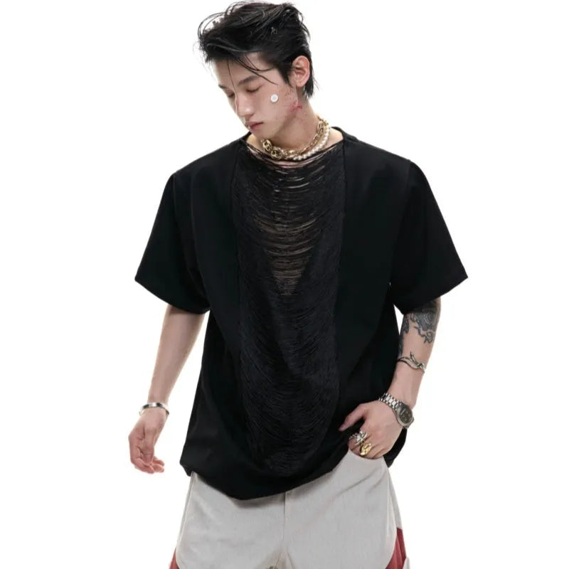 Men's black polyester V-neck t-shirt with hollow out pattern and loose fit