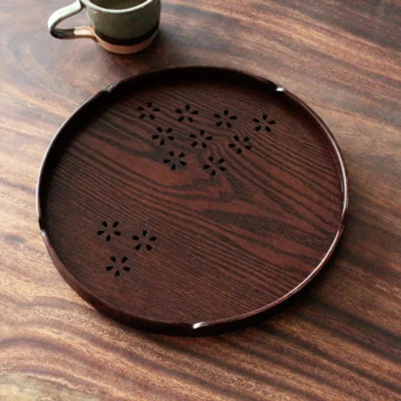 Japanese wooden dessert plate with sakura cherry blossom cutouts, 30cm diameter
