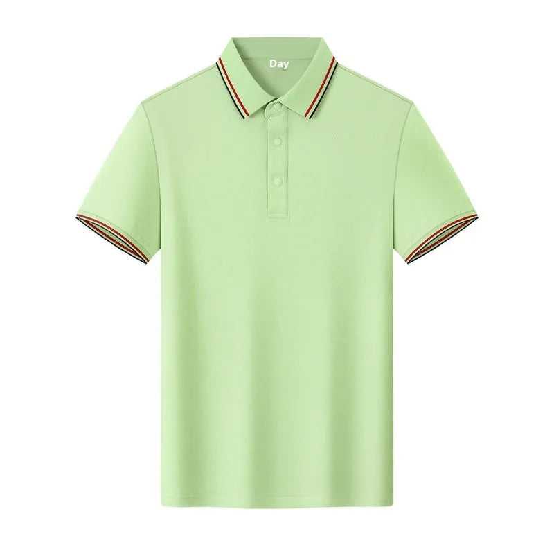 Men's solid colour cotton lapel T-shirt with short sleeves in straight cut summer workwear