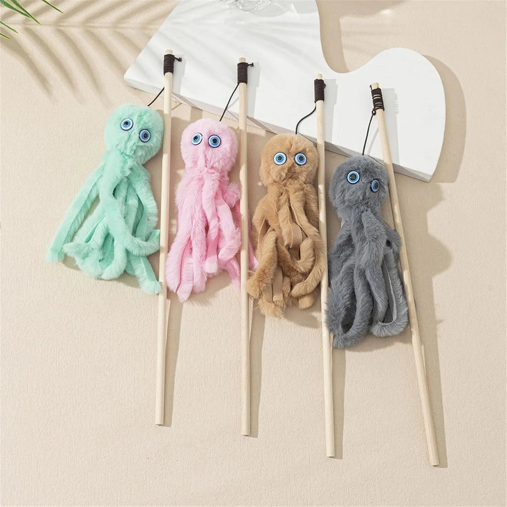 Octopus cat toy with long stick and movable eyes in bright colours for indoor kittens
