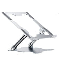 Grey aluminium adjustable laptop stand in folded position showing hollow design and silicone pads