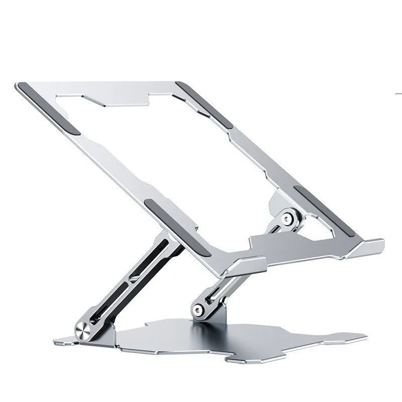 Grey aluminium adjustable laptop stand in folded position showing hollow design and silicone pads