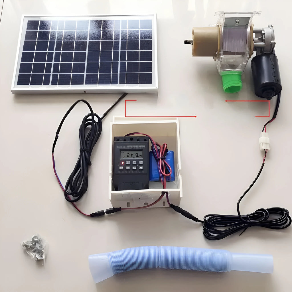 Solar-powered automatic chicken and duck feeding machine with watertight timer unit for animal enclosures