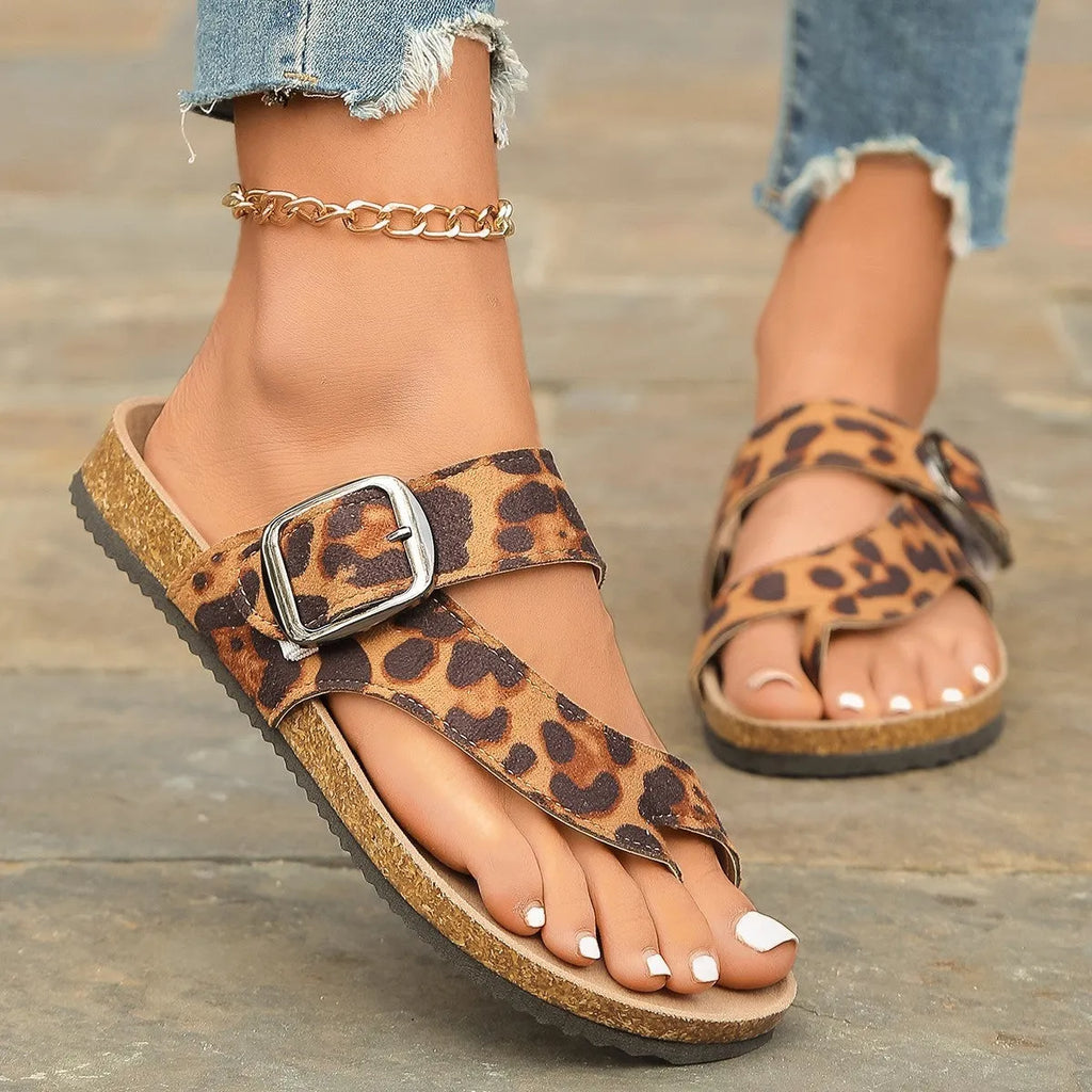 Leopard print Roman style slippers with toe covering design and wooden sole