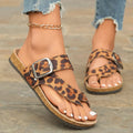 Leopard print Roman style slippers with toe covering design and wooden sole