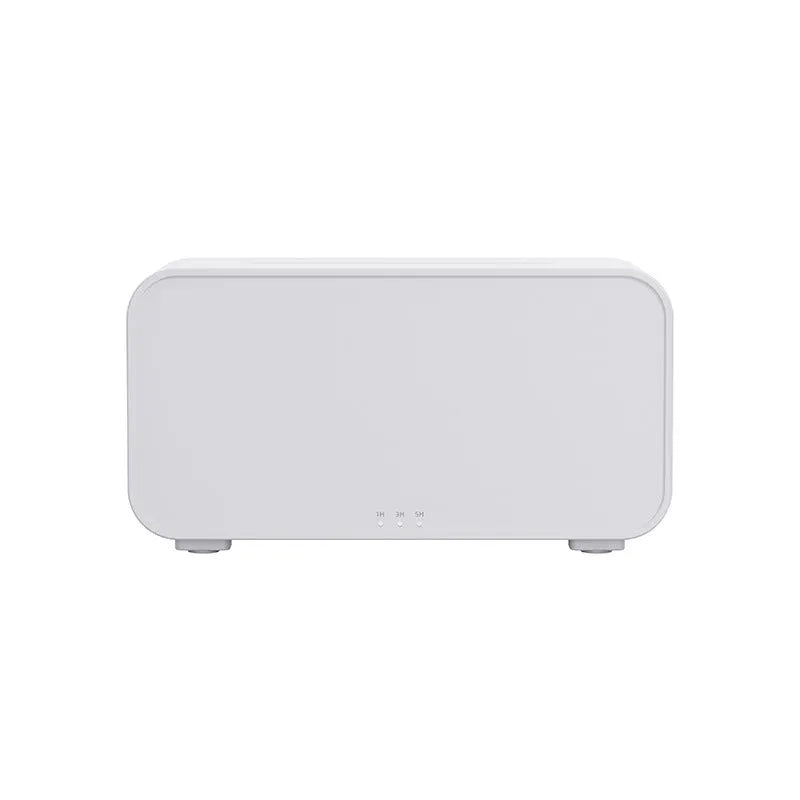 White USB aroma diffuser humidifier with simulated flame and jellyfish smoke ring effects on a table