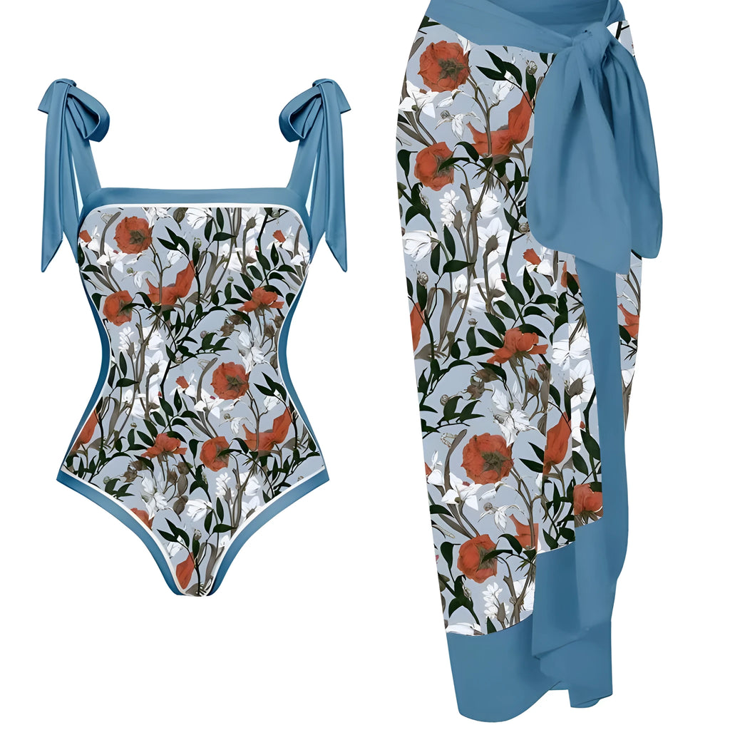 Women's printed two-piece chiffon swimsuit with a matching hip skirt in a floral design.