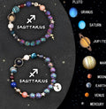 Two natural stone beaded bracelets showing different zodiac sign designs on a neutral background.