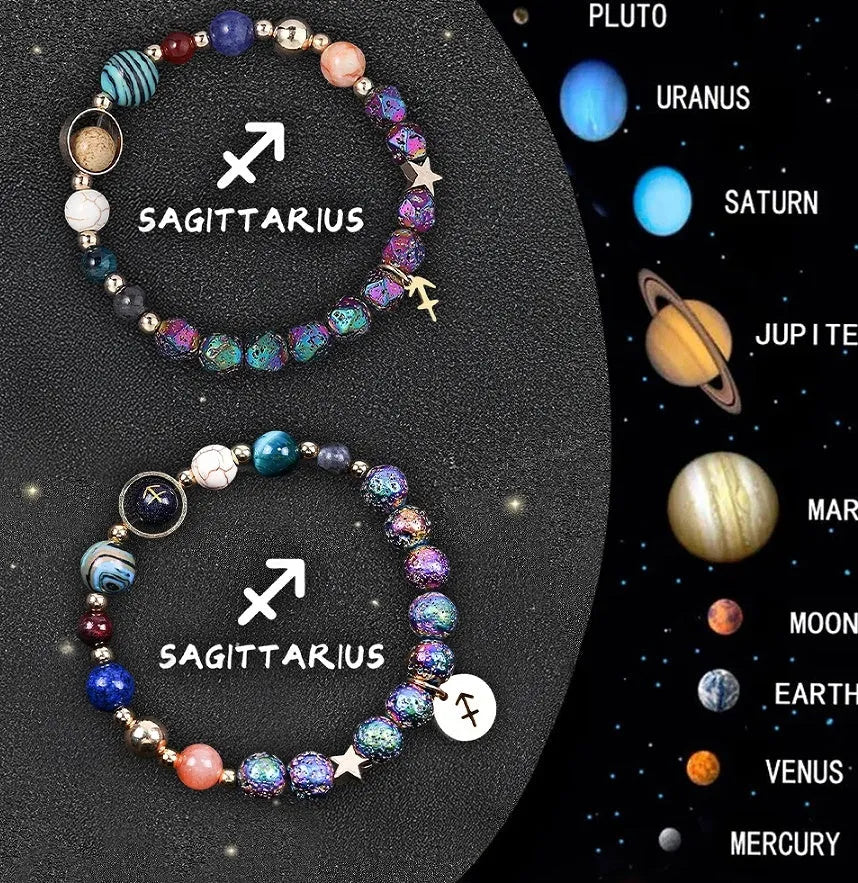 Two natural stone beaded bracelets showing different zodiac sign designs on a neutral background.