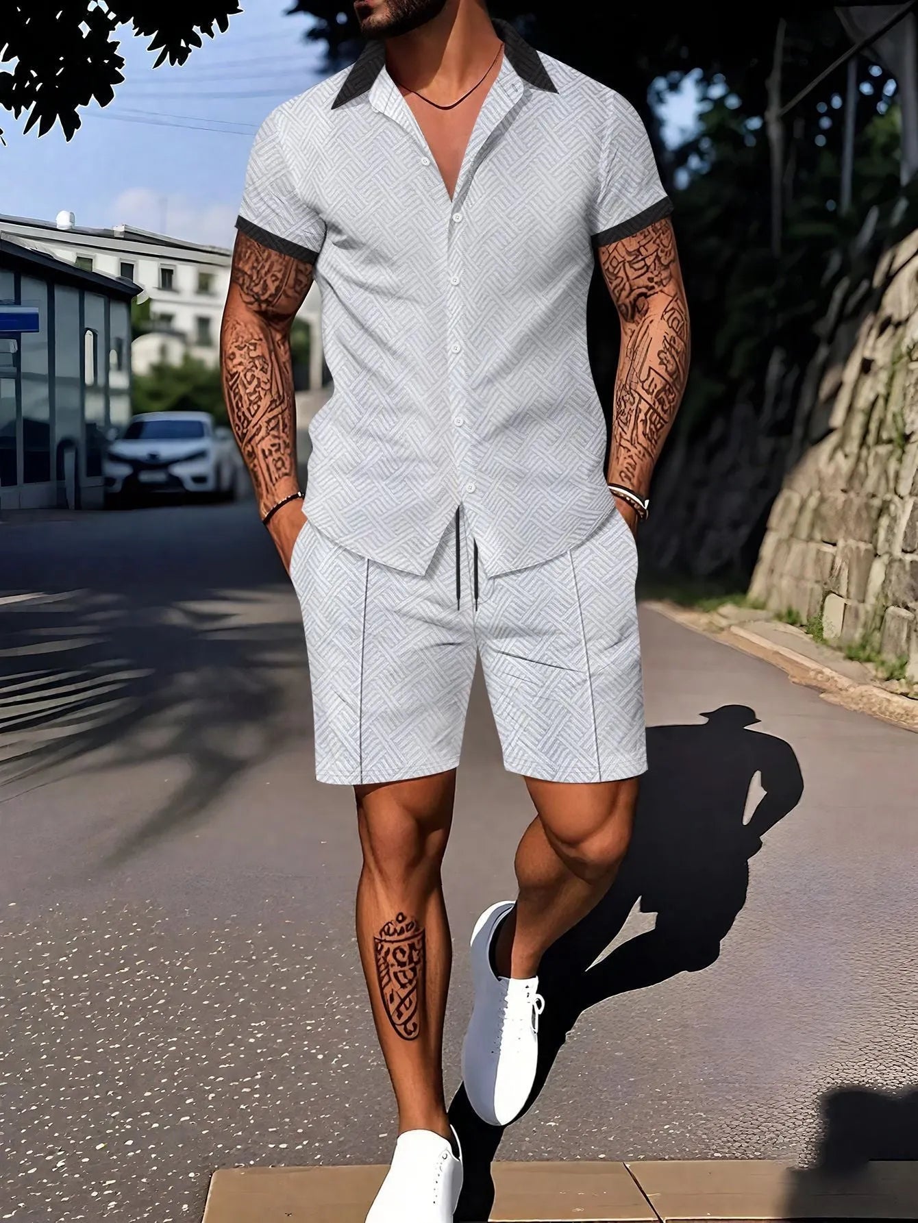 Men's casual short sleeve suit set with digital print design, showing top and shorts in a light colour.
