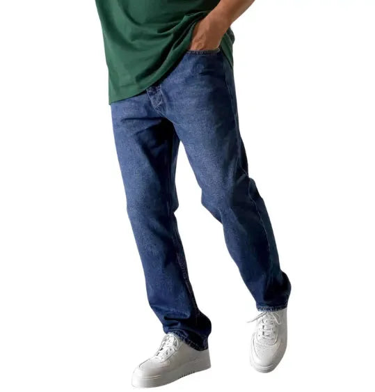 Men's cowboy cotton denim slightly flared trousers in dark blue, washed finish, model 3222