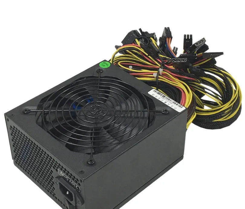 Black high-wattage server power supply unit with multiple PCIe and power connectors.