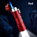TH727 multi-function metal flashlight lighter shown in camouflage, red, black, blue, and yellow colour options.