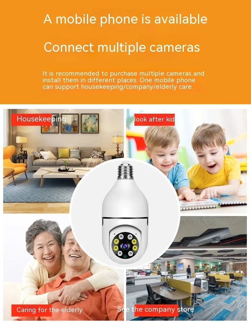 Wireless wifi security bulb camera with plastic and metal construction for indoor and outdoor 1080p monitoring.