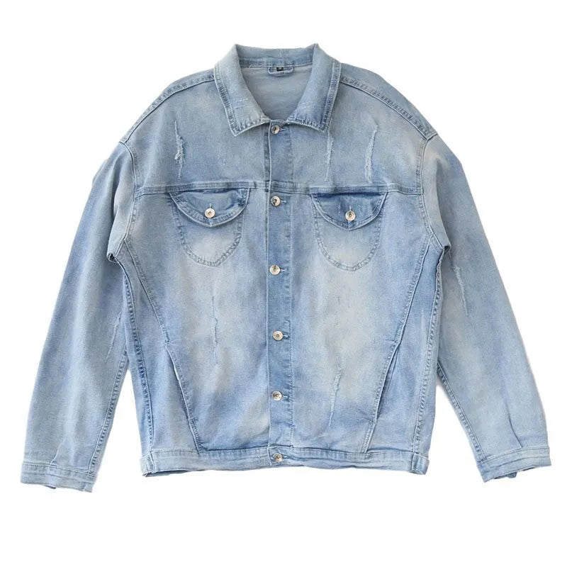 Light blue loose fit cotton men's coat with batwing sleeves and patch pockets