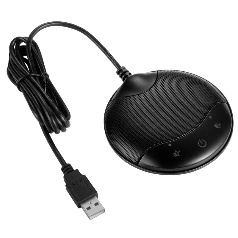 Black USB condenser microphone for conferences and gaming measuring 9x9x1.7cm