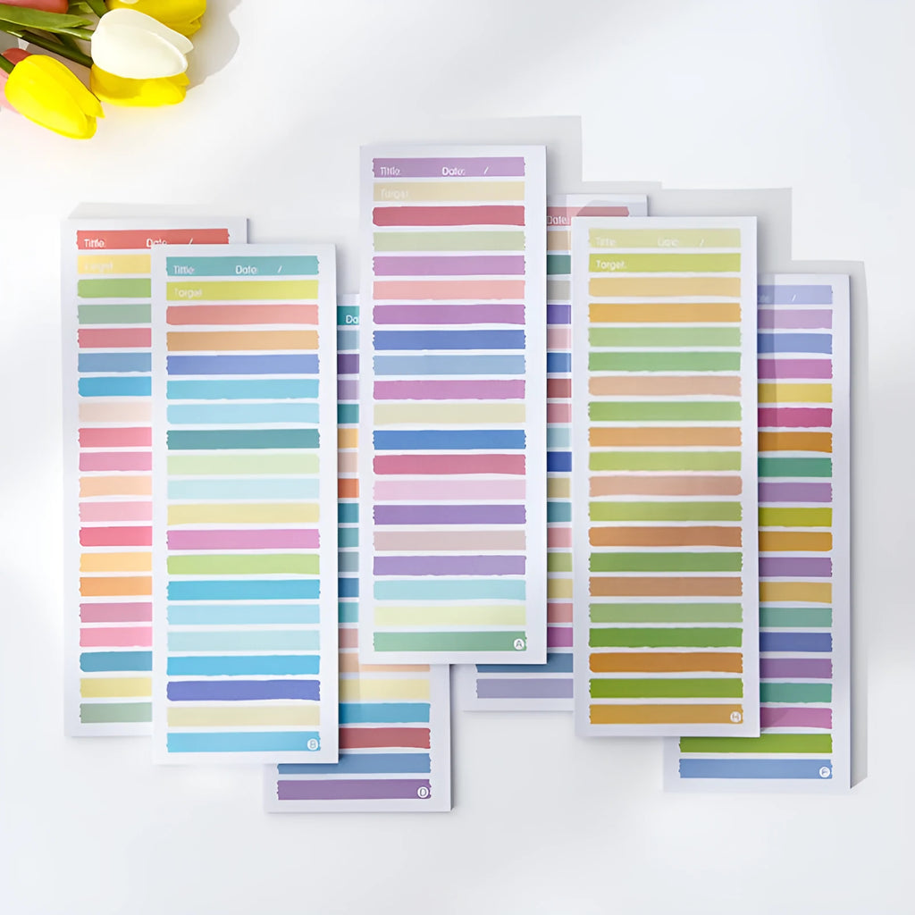 Cartoon student notepad with plastic cover showing bear or bunny design on colour striped background