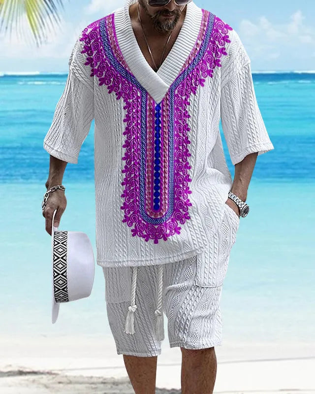 Printed drop-shoulder men's knitted short-sleeved top with matching shorts in a colour from the TH01-362 to TH01-366 range.
