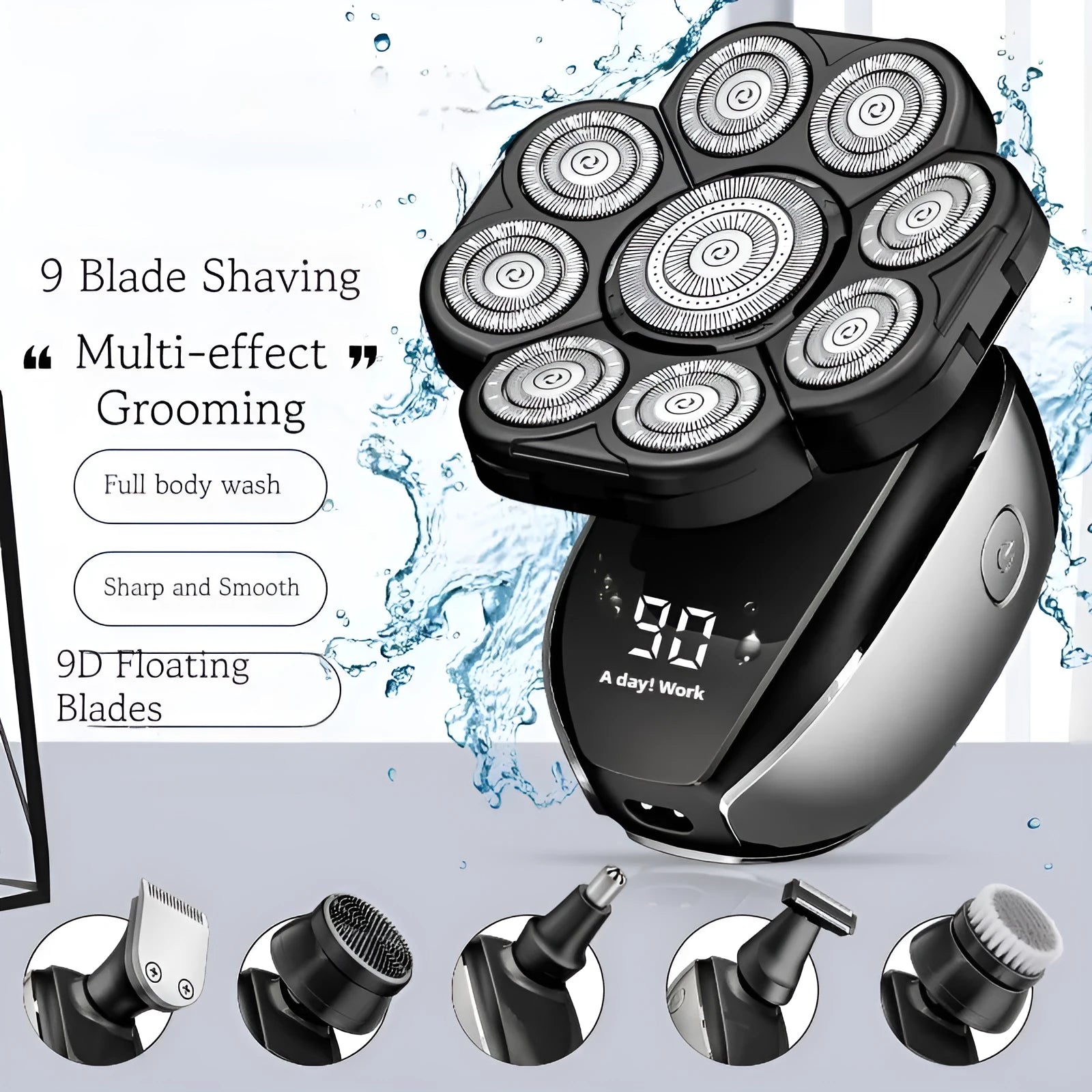 Black 6-in-1 rechargeable hair clippers shaver with multiple grooming attachments including 9D shaving head and nose trimmer