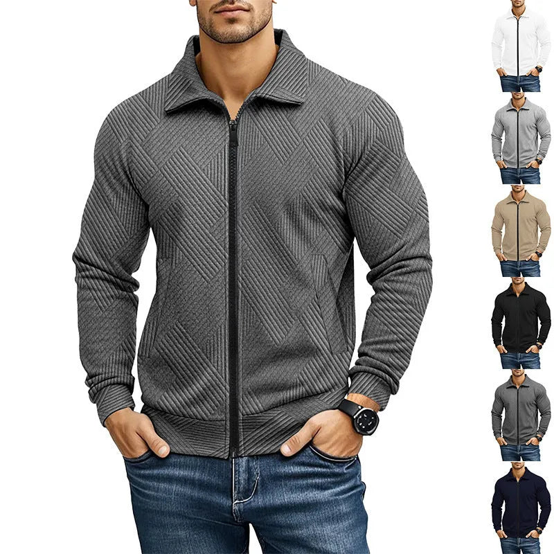 Men's solid colour cotton blend British style jacket with turn-down collar on a hanger.