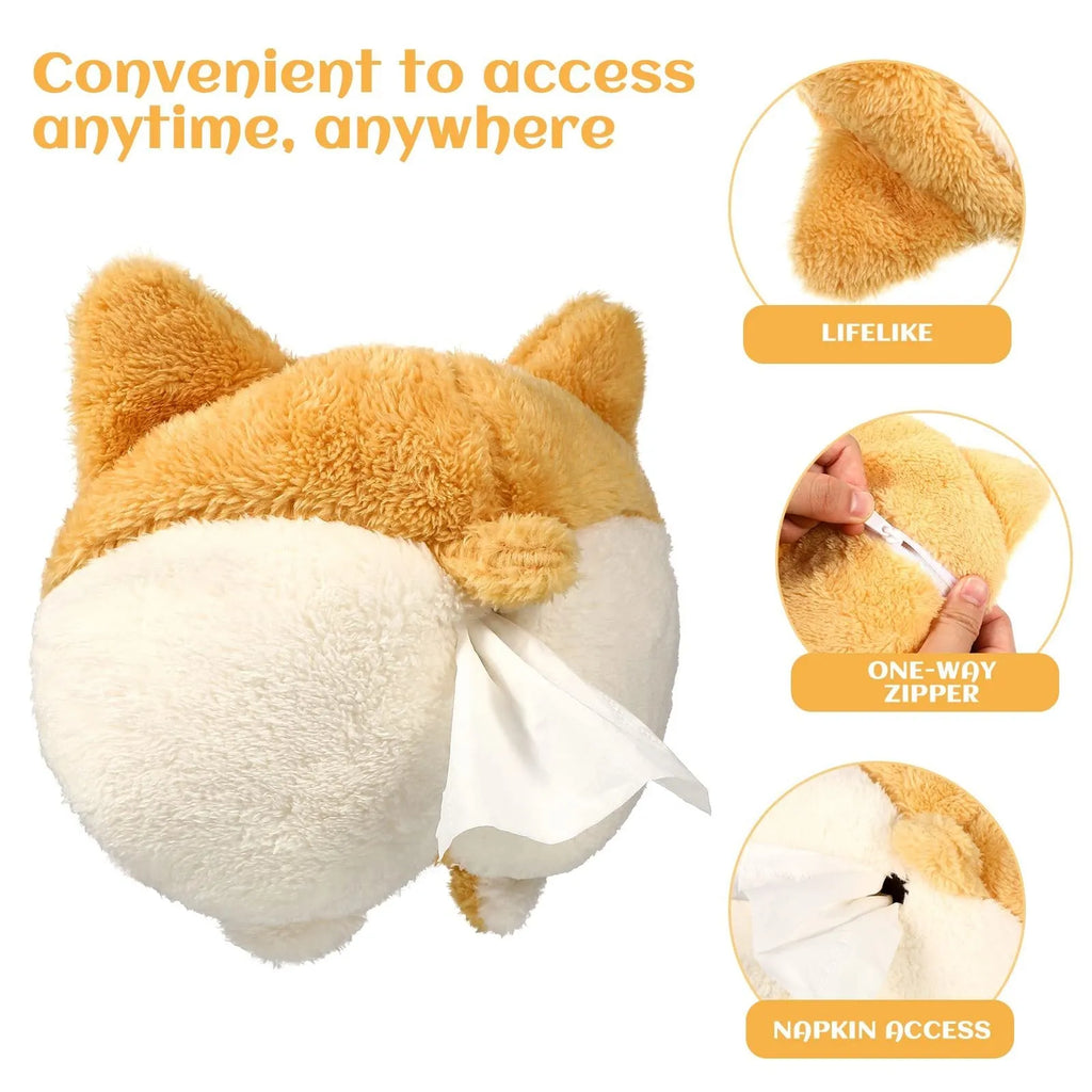 Yellow corgi butt shaped tissue box cover with elastic strap for car visor mounting