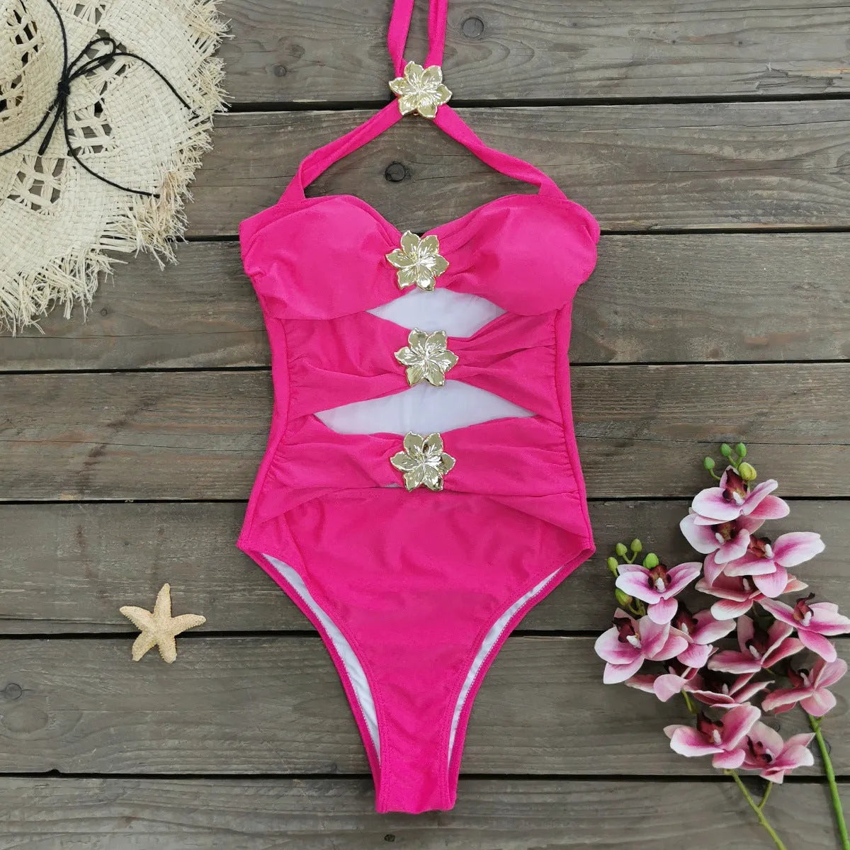 Women's solid colour one-piece swimsuit with attached short skirt and hollow-out tube top design