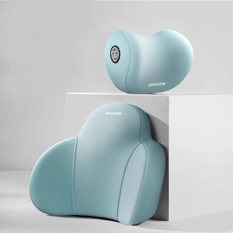 Automotive memory foam headrest and lumbar support pillows with cotton covers in various two-tone colours.