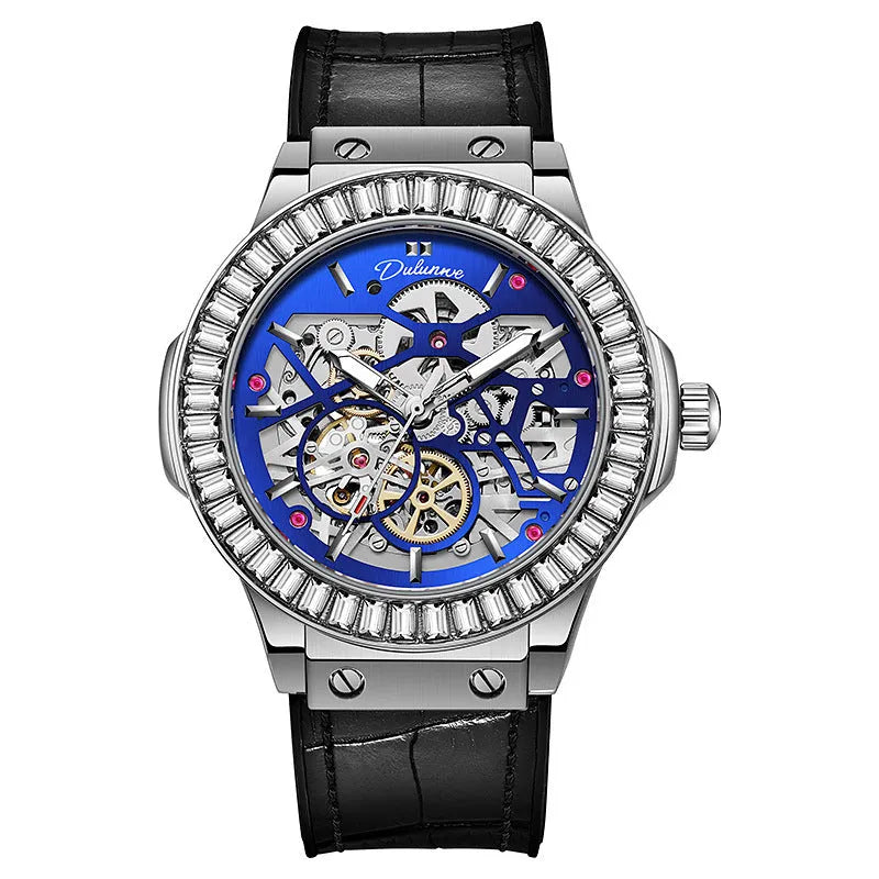 Automatic diamond studded skeleton men's watch with white shell case and blue dial on leather strap.