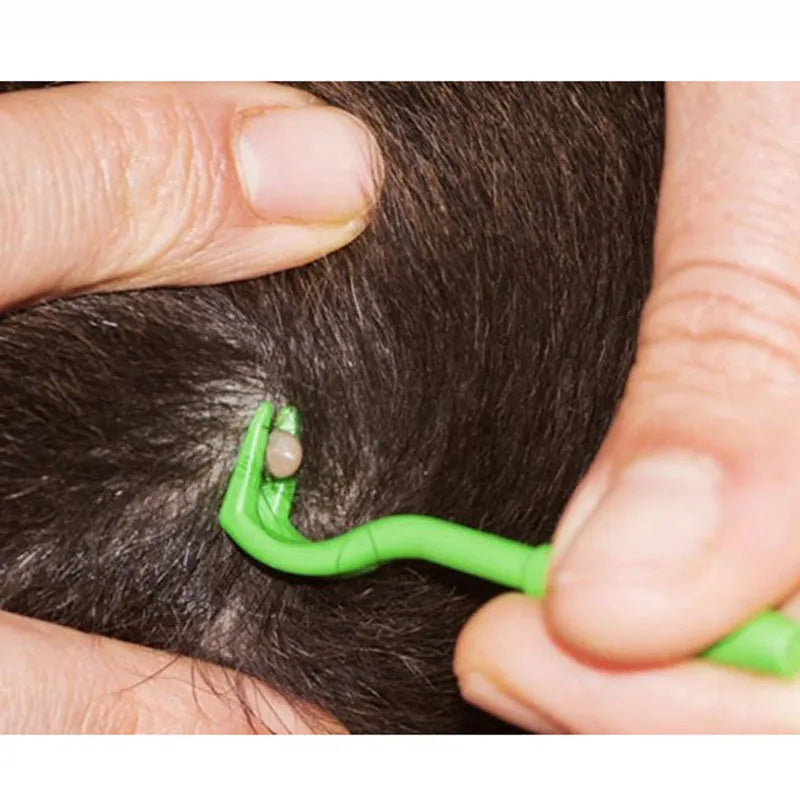 Three plastic hook tools for removing ticks from dogs and cats, in blue and green colours.