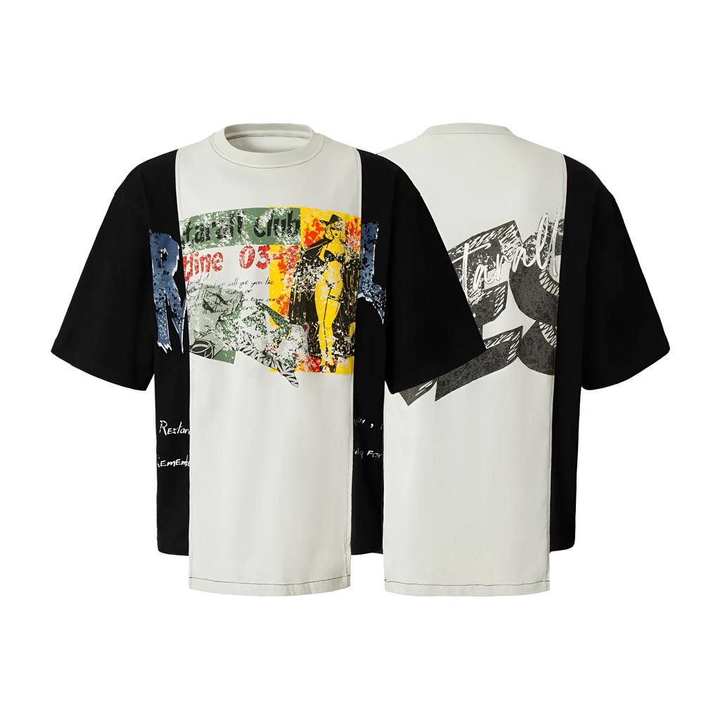 Black and white broken collage print cotton blend t-shirt with short sleeves and loose fit