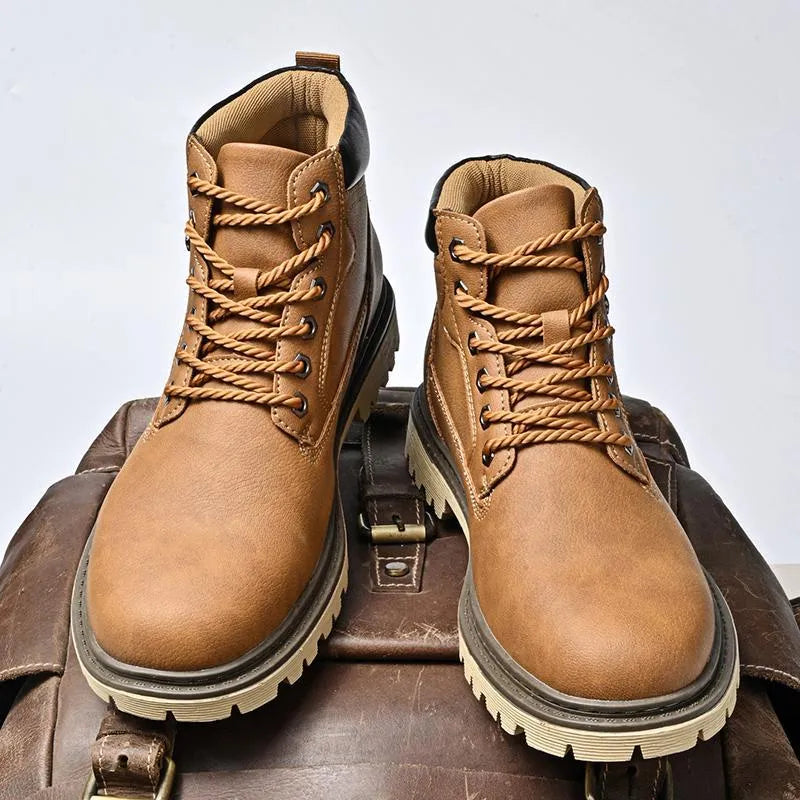 Genuine leather men's mid-top Martin boots with stitched rubber sole and mesh upper in black, brown, and khaki