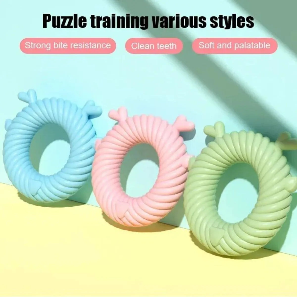 Deer-shaped dog chew toy with spiral grooves in Light Sky Blue, Light Pink, or Avocado Green colours