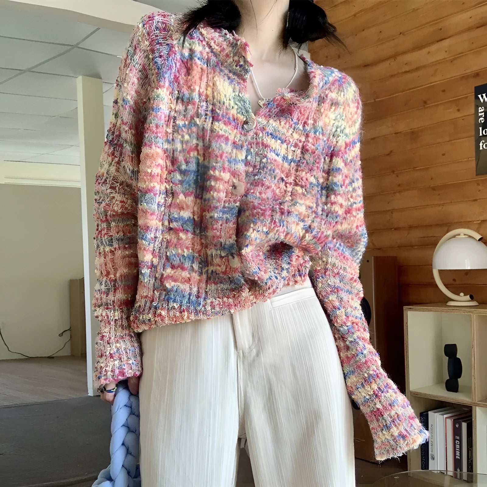 Rainbow patterned knitted cardigan sweater in green colour with toothbrush hair texture