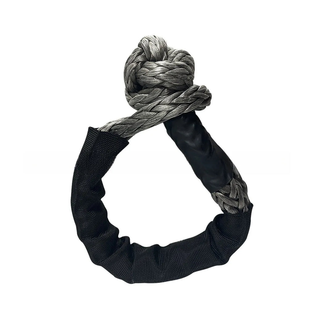 Colourful polymer soft shackle trailer rope for off-road vehicle recovery with 17-tonne load rating.