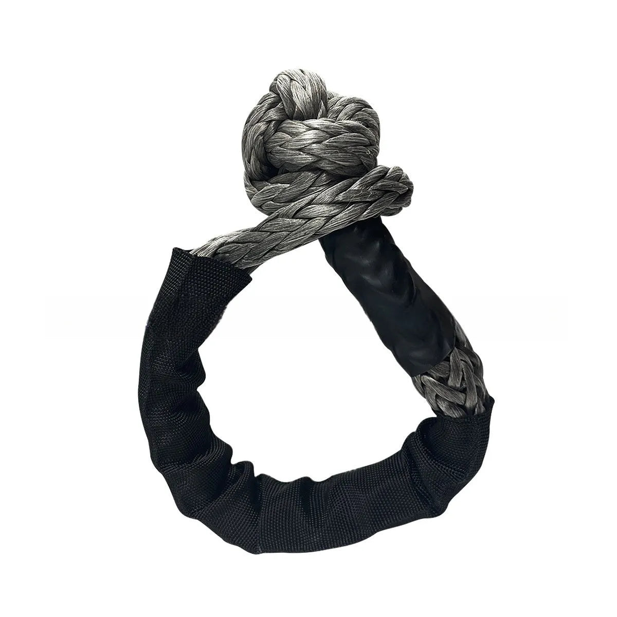 Colourful polymer soft shackle trailer rope for off-road vehicle recovery with 17-tonne load rating.
