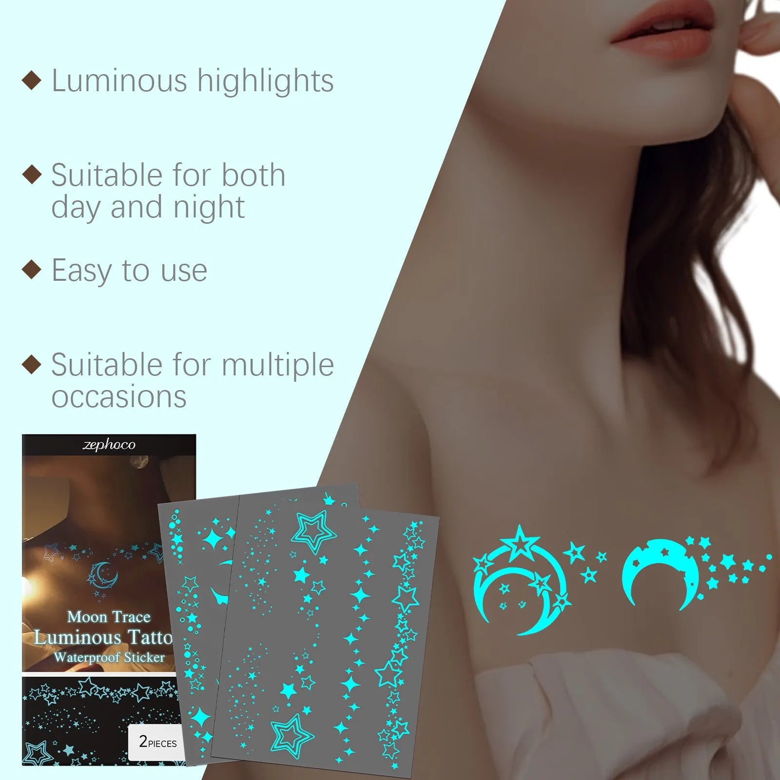 Luminous temporary tattoo stickers pack with glow-in-the-dark party designs
