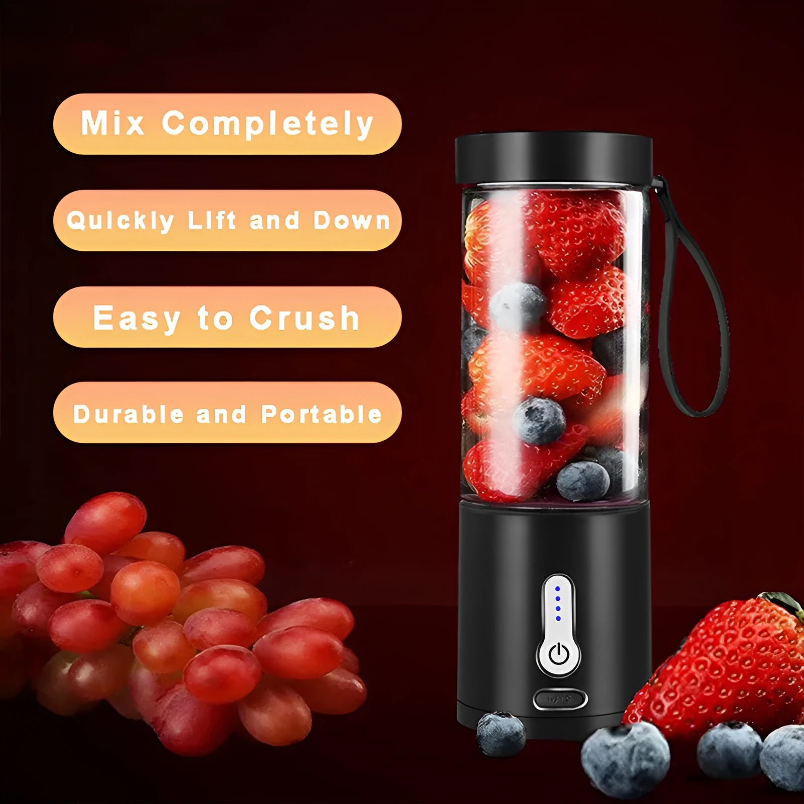 Black rechargeable portable blender with clear 530ml cup and five-blade cutter head