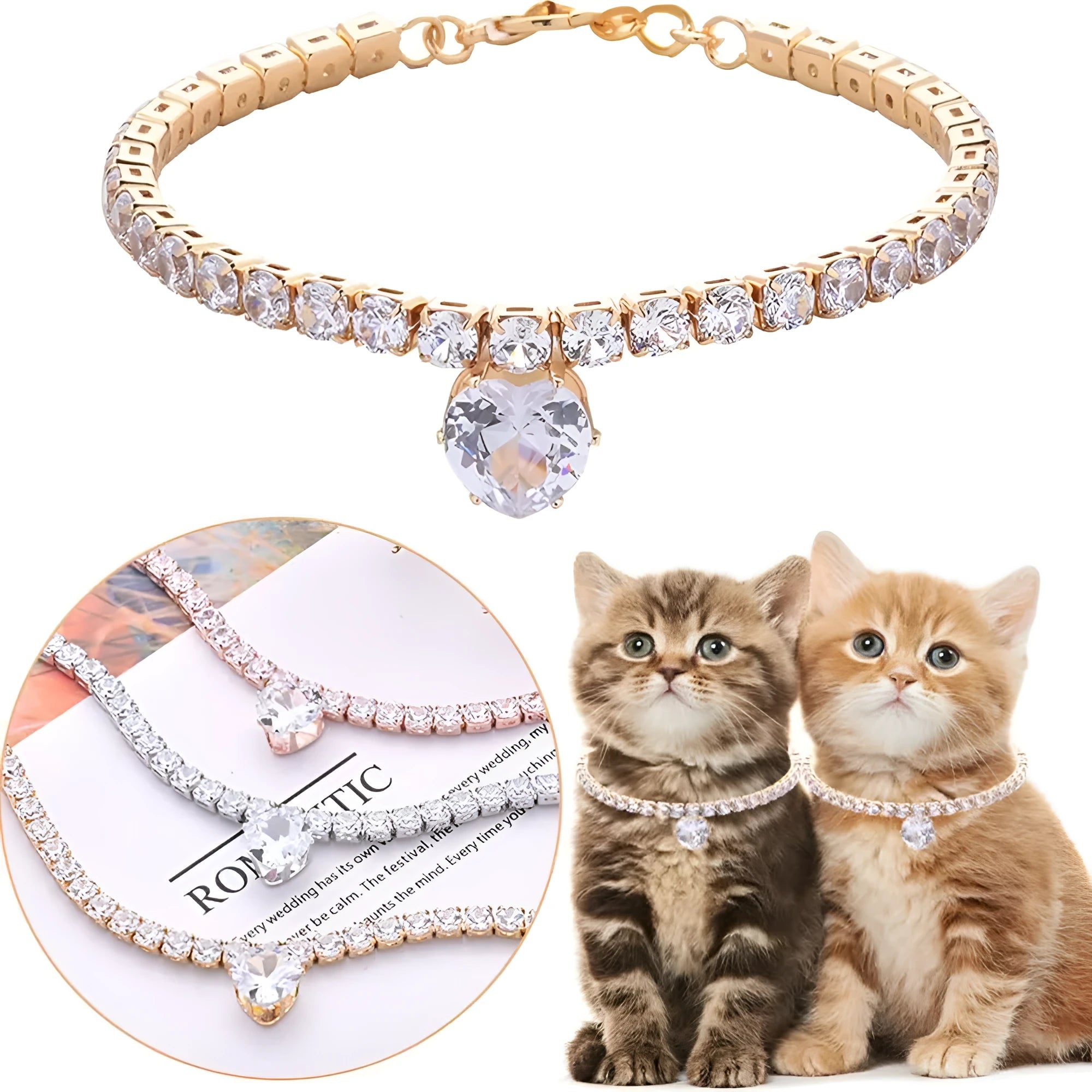 Gold rhinestone heart-shaped collar for a dog, showing the shiny crystals and metal construction.