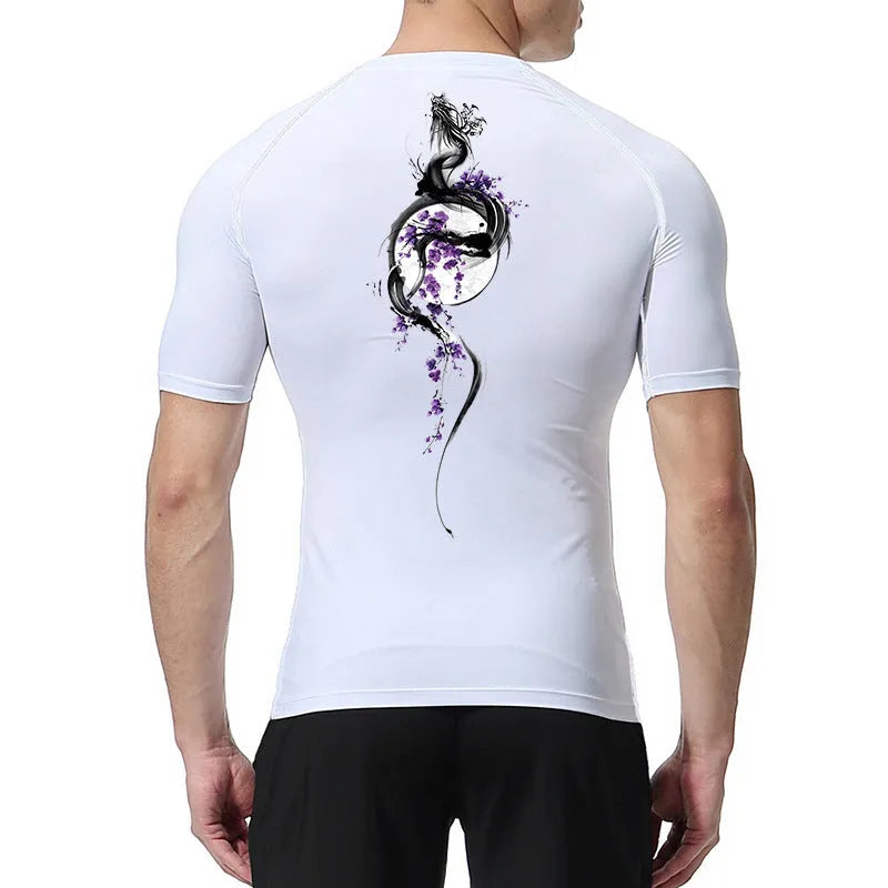 Men's short sleeve compression shirt with a sword print design on the chest.