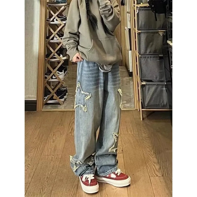 Blue high waist wide leg women's jeans in straight cut cotton denim trousers