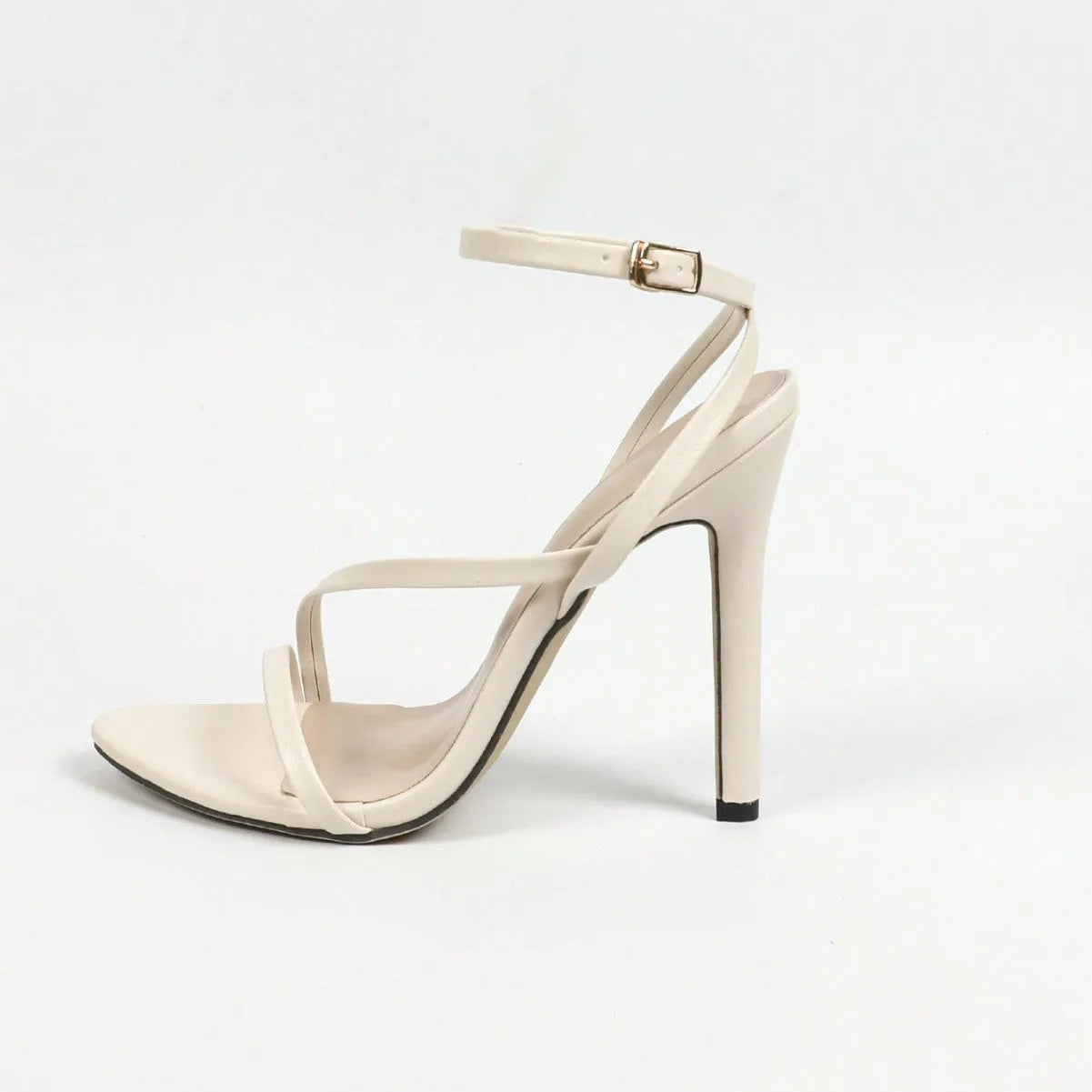 Women's gold high heels with round toe, open toe design and multi-stripe cross ankle strap