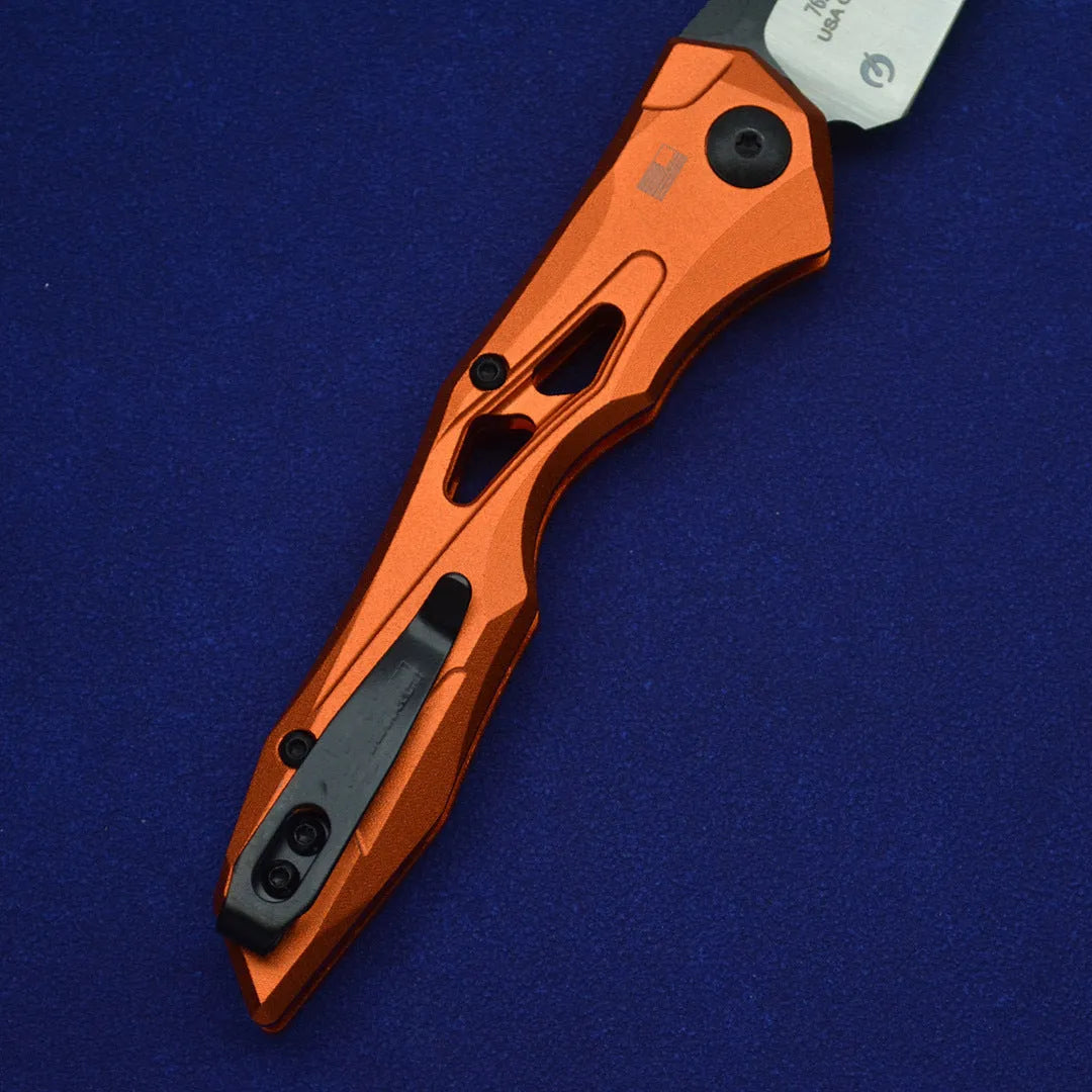 Black folding fruit knife with D2 steel blade and aluminium handle for camping