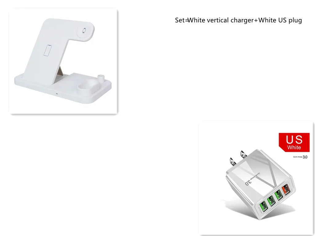 4-in-1 adjustable wireless charging station showing phone, watch, earbuds and pencil charging on a desk.