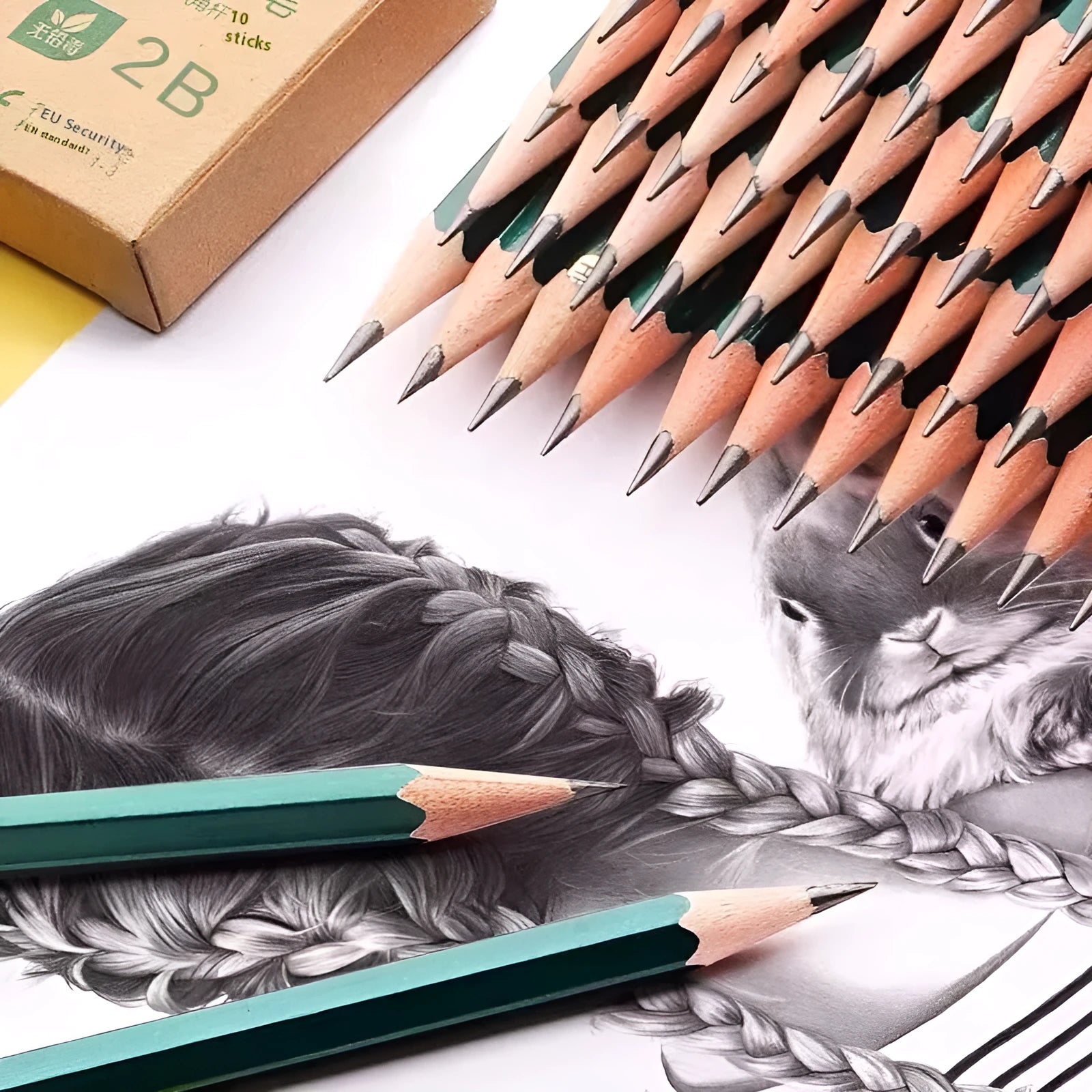 Green Rod hexagonal wooden drawing pencils, box of 10, showing HB and 2B grades.