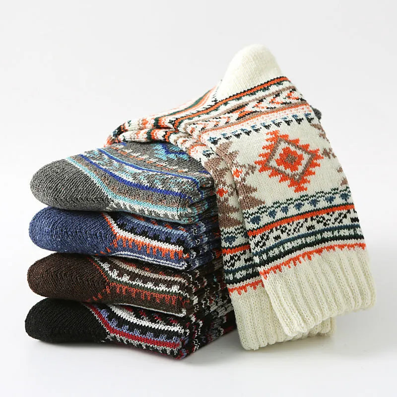 Retro cotton mid-calf socks for men 5 pack with anti-friction knit patterns in large square design