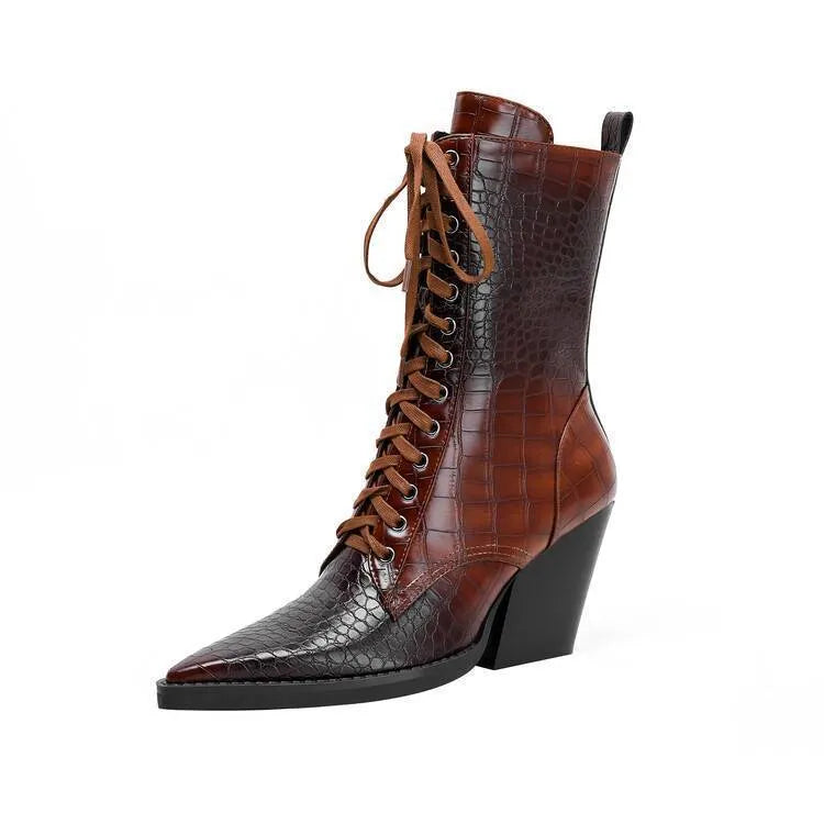 Women's dark brown pointed toe boots with a chunky heel, retro stone pattern, and side zipper.