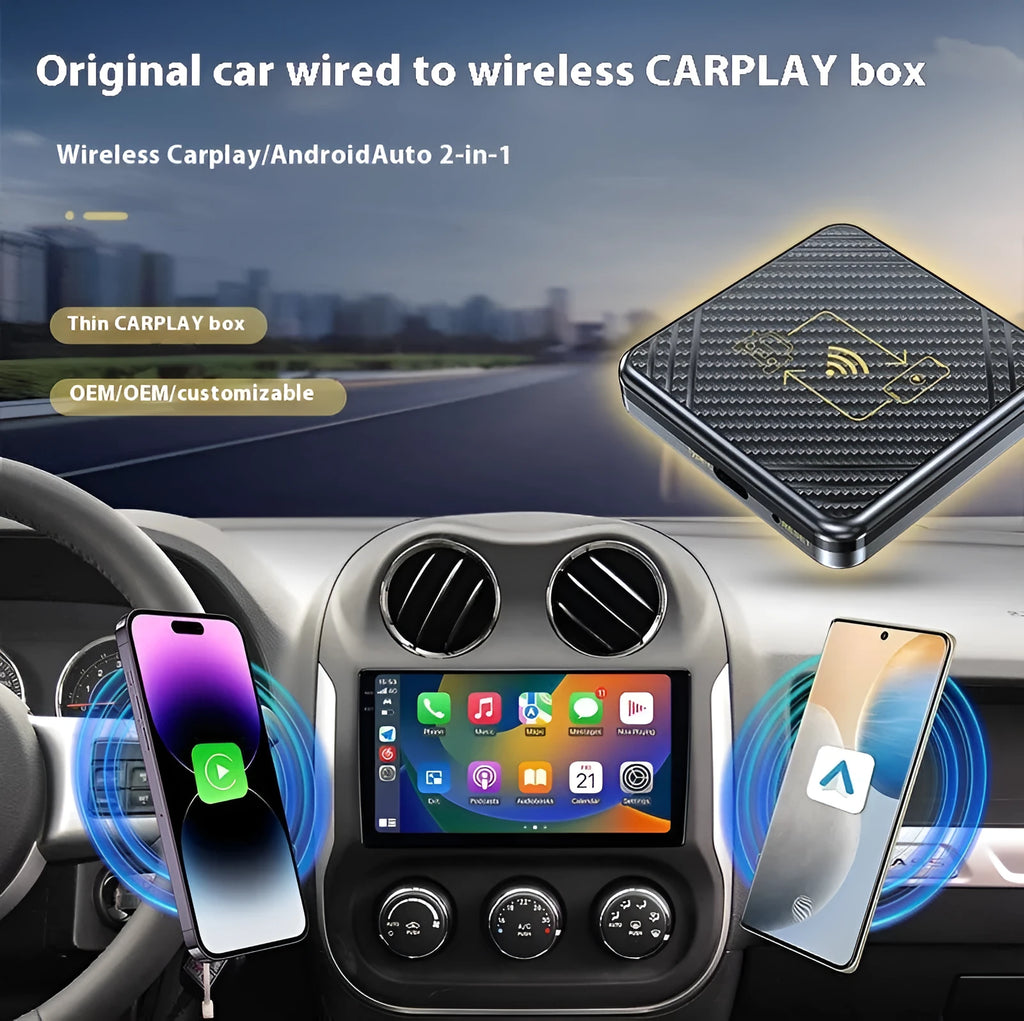 Wireless CarPlay to Android Auto conversion box with USB connector and ABS plastic housing