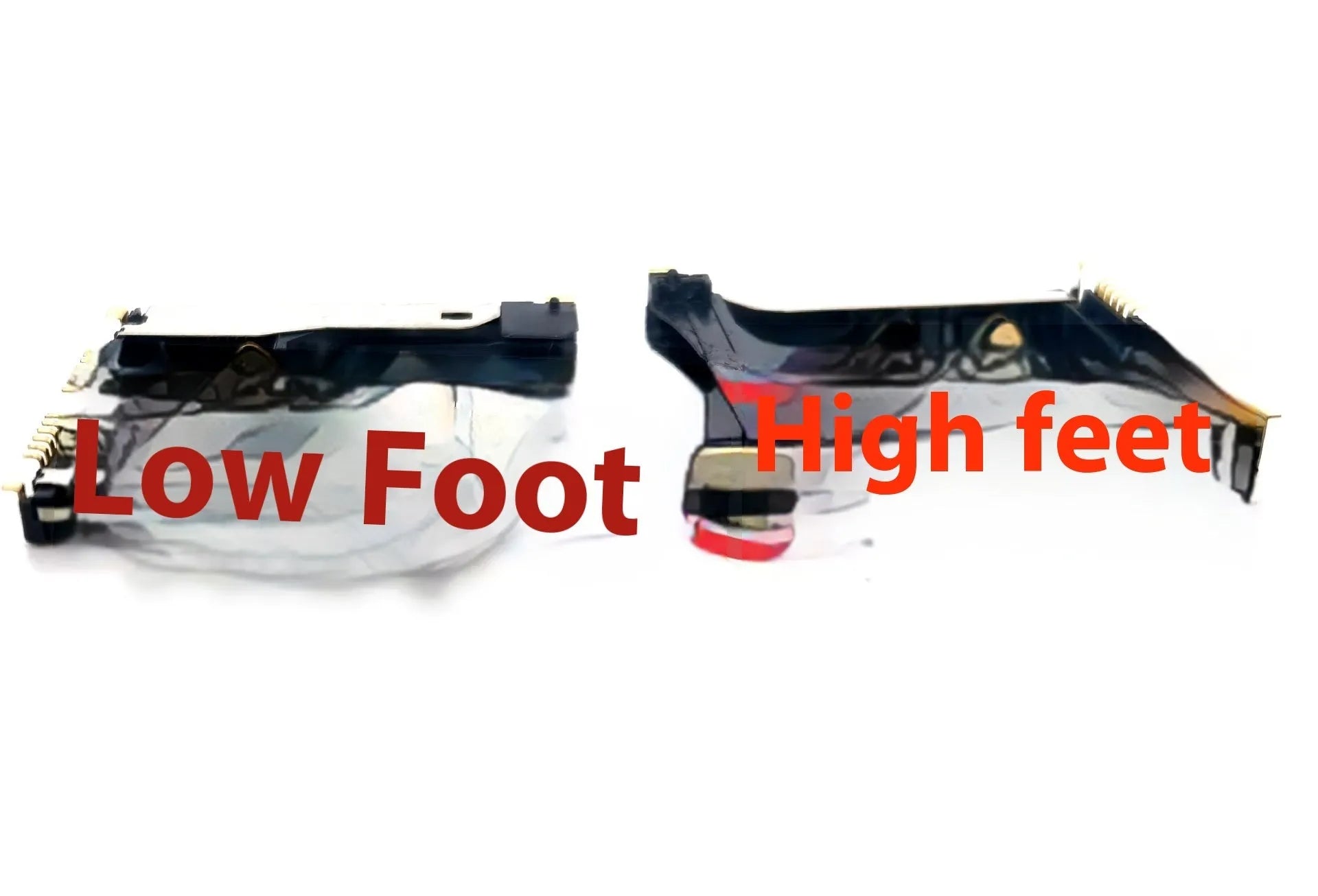 Alloy camera memory card slot replacement component showing high foot and low foot configurations